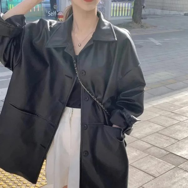 Oversized Buttoned Leather Jacket - Image 4