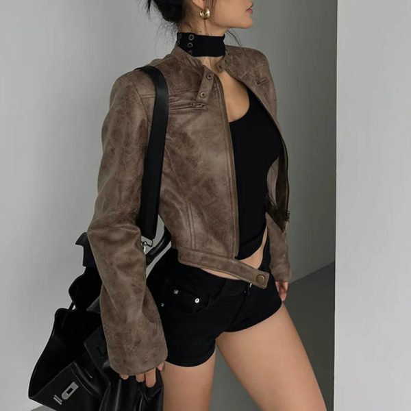 Cropped Biker Leather Jacket - Image 5