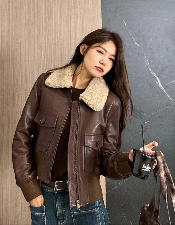 Shearling Collar Bomber Leather jacket - Image 4