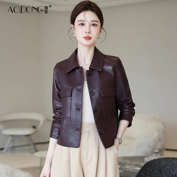 Collar Buttoned Down Leather Jacket For Women's - Image 4