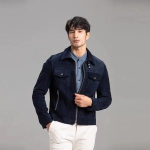 Classic Navy Blue Suede Leather Jacket