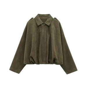 Balloned Waist Suede Leather Jacket