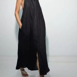 Cotton Linen Shirt Style Halter Neck Long Dress