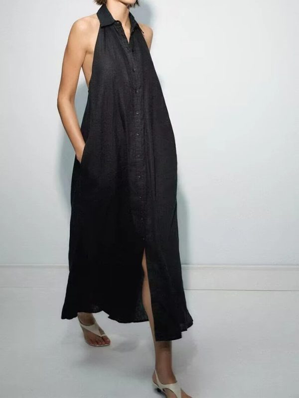 Cotton Linen Shirt Style Halter Neck Long Dress