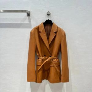 Double Breast Belted Leather Blazer
