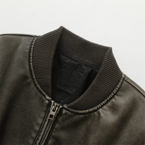 Cropped Bomber Style Leather Jacket - Image 4