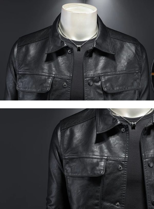 Men's Lapel Motorcycle Leather Jacket - Image 7
