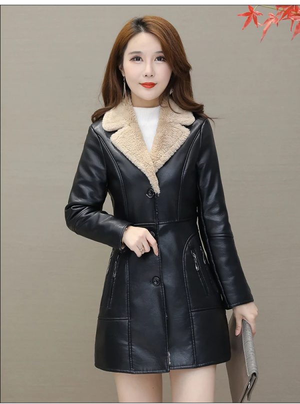 Shearling Collar Long Leather Coat - Image 7