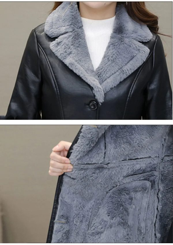 Shearling Collar Long Leather Coat - Image 5