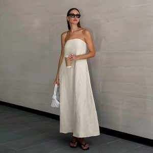 Cotton Linen Strapless Long Dress