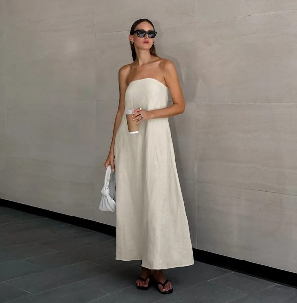 Cotton Linen Strapless Long Dress