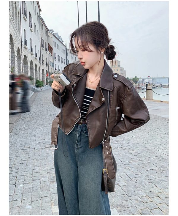 Cropped Leather Riding Jacket - Image 9
