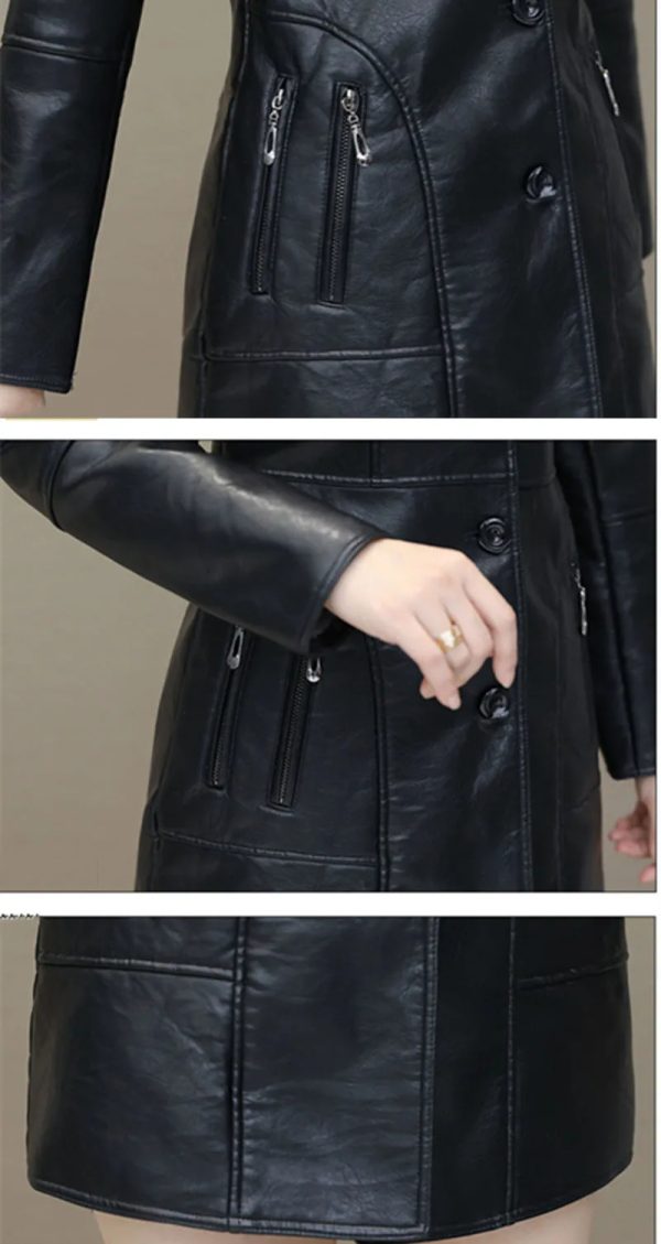 Shearling Collar Long Leather Coat - Image 6