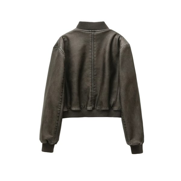 Cropped Bomber Style Leather Jacket - Image 3