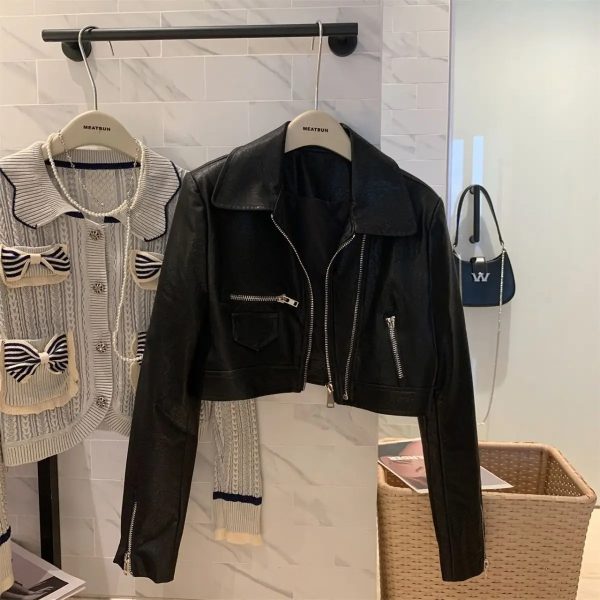 Cropped Leather Jacket For Women - Image 7