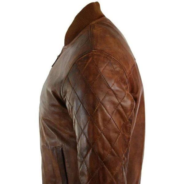 Men's Tan Brown Bomber Leather Jacket - Image 2