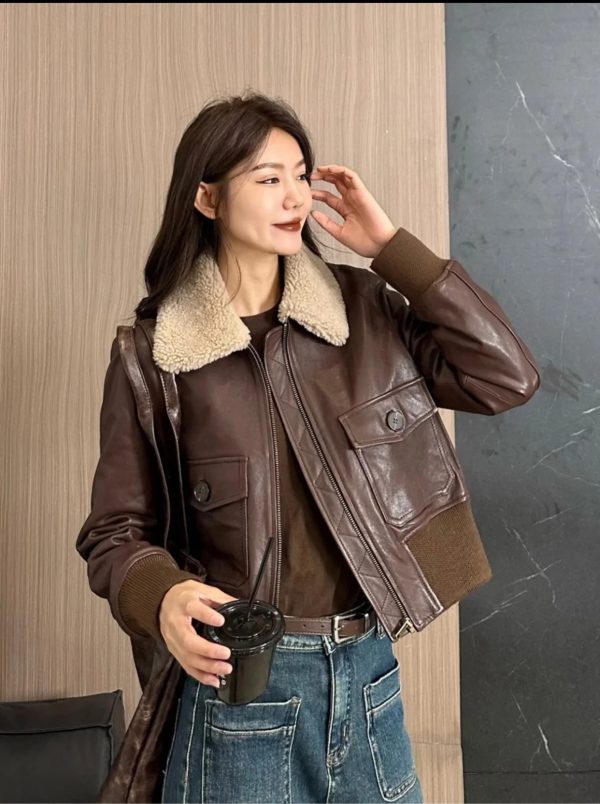 Shearling Collar Bomber Leather jacket - Image 3