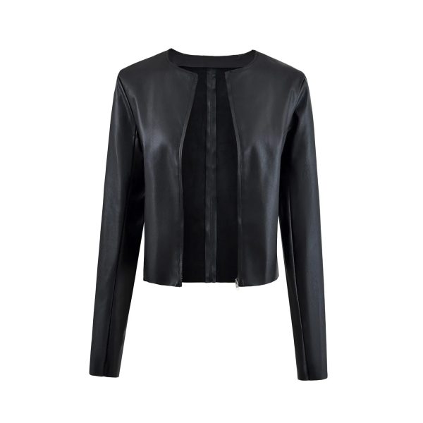 Simple Round Neck Riding Leather Jacket - Image 2
