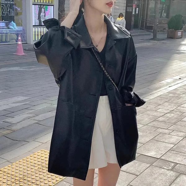 Oversized Buttoned Leather Jacket - Image 5