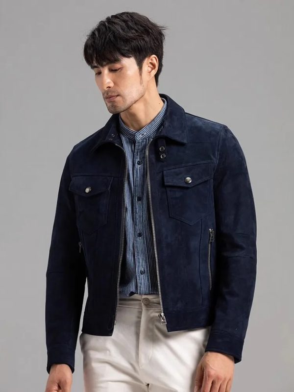 Classic Navy Blue Suede Leather Jacket - Image 4