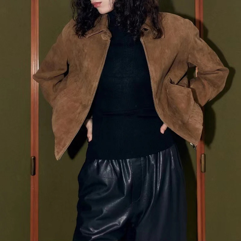 Suede Leather Collar Zip Jacket