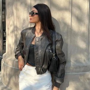 Cropped Bomber Style Leather Jacket