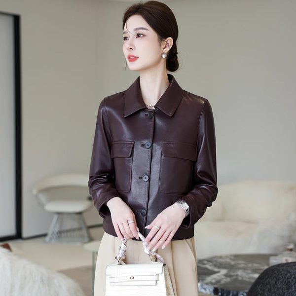 Collar Buttoned Down Leather Jacket For Women's - Image 5