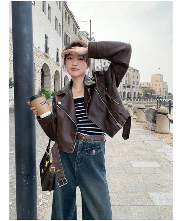 Cropped Leather Riding Jacket - Image 3