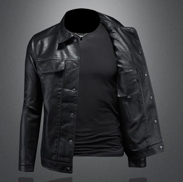 Men's Lapel Motorcycle Leather Jacket - Image 3