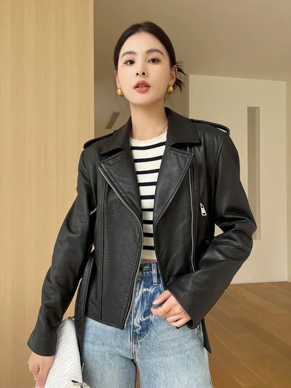 Asymmetrical Riding Leather Belted Jacket - Image 3