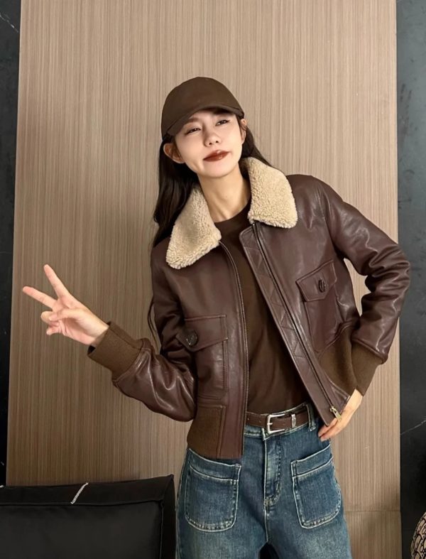 Shearling Collar Bomber Leather jacket
