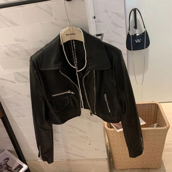 Cropped Leather Jacket For Women - Image 4