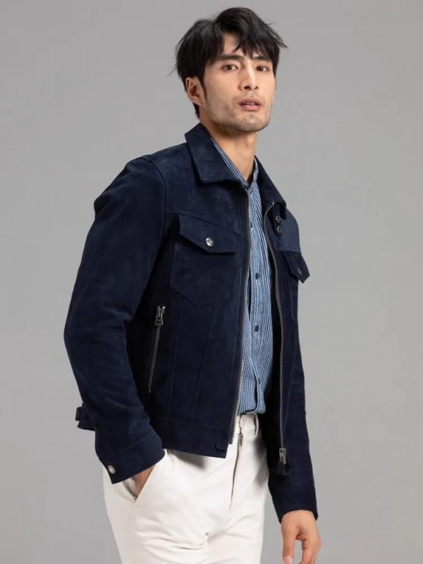 Classic Navy Blue Suede Leather Jacket - Image 2
