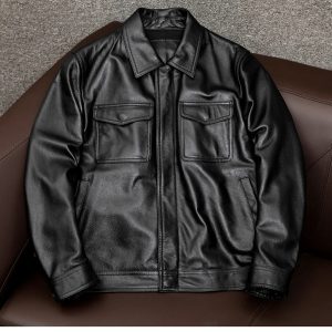 Mens classic shirt collar black leather jacket