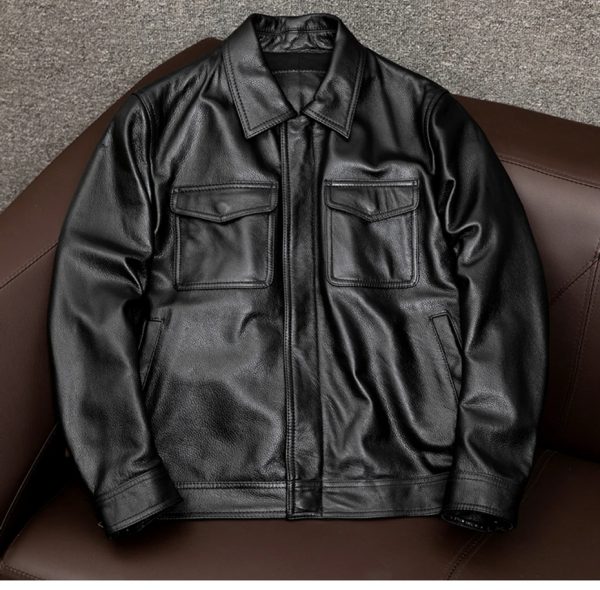 Mens classic shirt collar black leather jacket