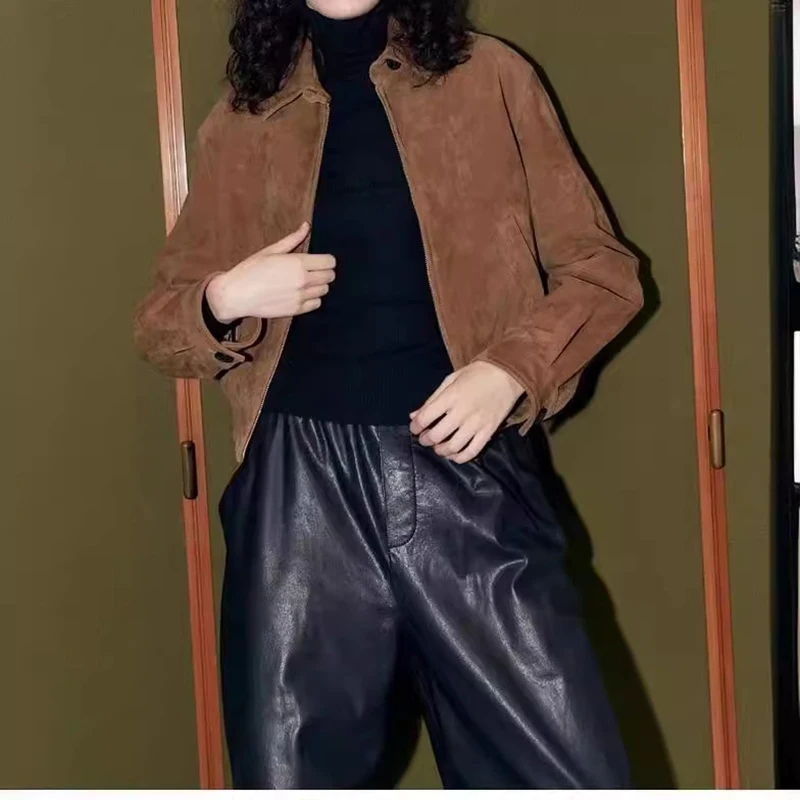 Suede Leather Collar Zip Jacket - Image 2