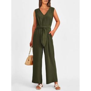 Belted Sleevless V Neck Jumpsuit