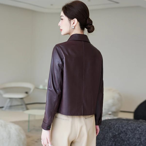 Collar Buttoned Down Leather Jacket For Women's - Image 2