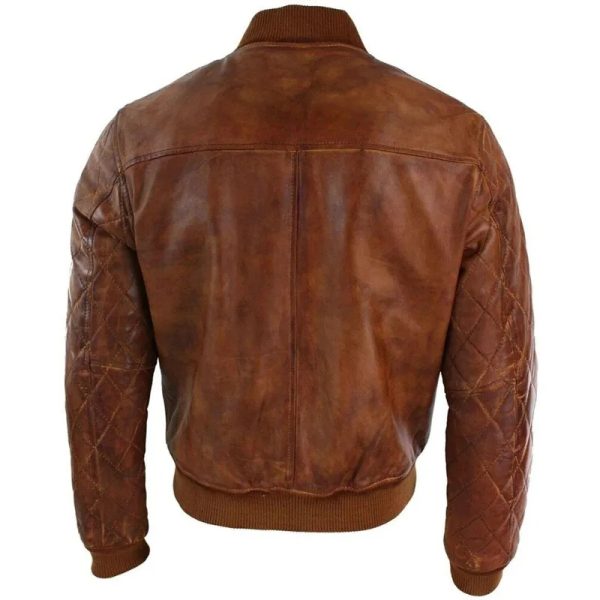 Men's Tan Brown Bomber Leather Jacket - Image 3