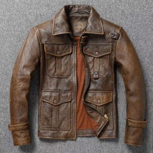 Men's brown leather hunting jacket