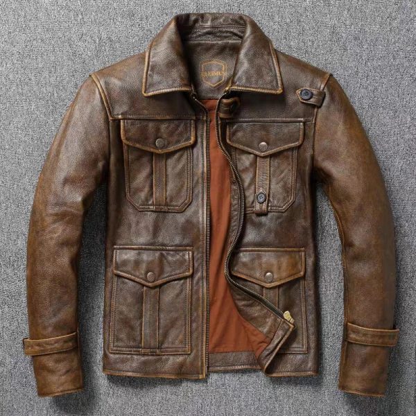 Men's brown leather hunting jacket