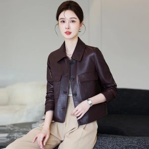 Collar Buttoned Down Leather Jacket For Women's