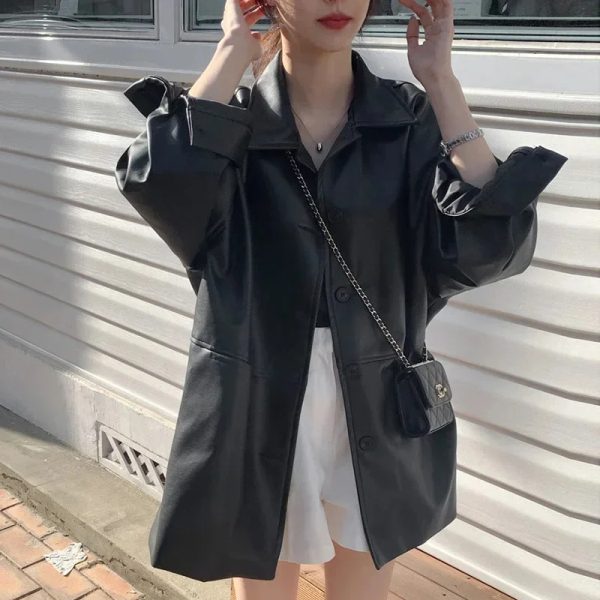 Oversized Buttoned Leather Jacket - Image 2