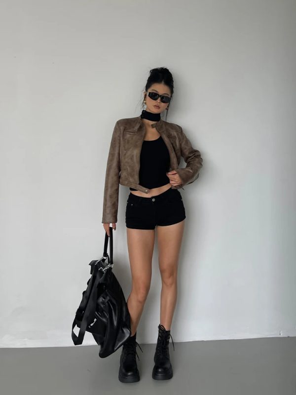 Cropped Biker Leather Jacket - Image 3