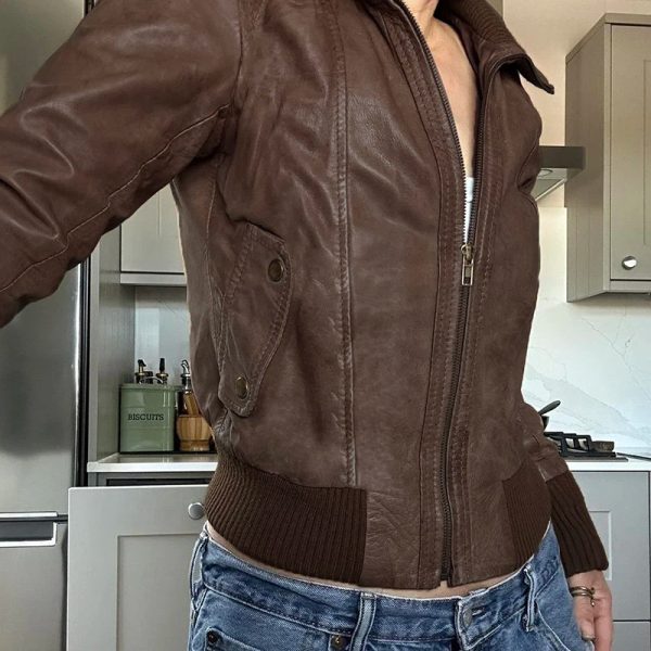 Shearling Collar Bomber Leather Jacket - Image 4