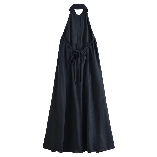 Cotton Linen Shirt Style Halter Neck Long Dress - Image 2