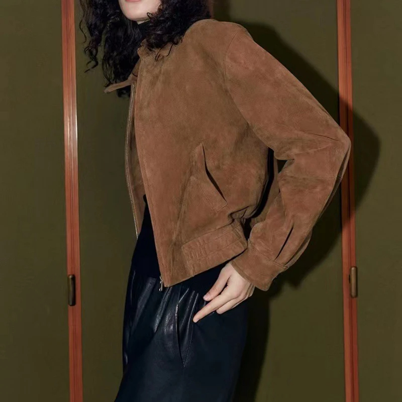 Suede Leather Collar Zip Jacket - Image 3