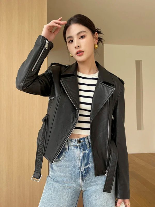 Asymmetrical Riding Leather Belted Jacket - Image 4