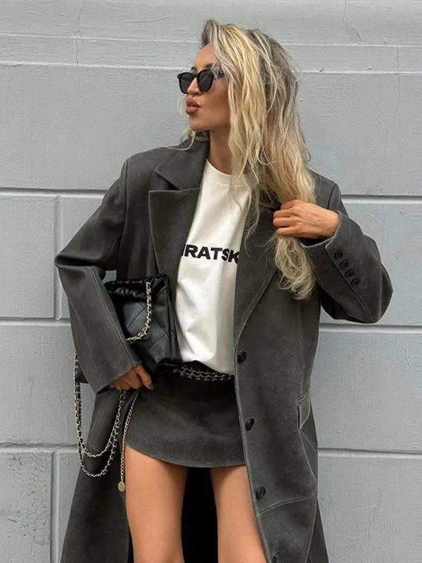 Gray Leather Long Coat - Image 4