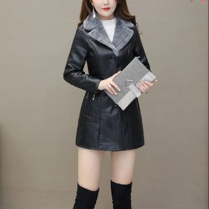 Shearling Collar Long Leather Coat